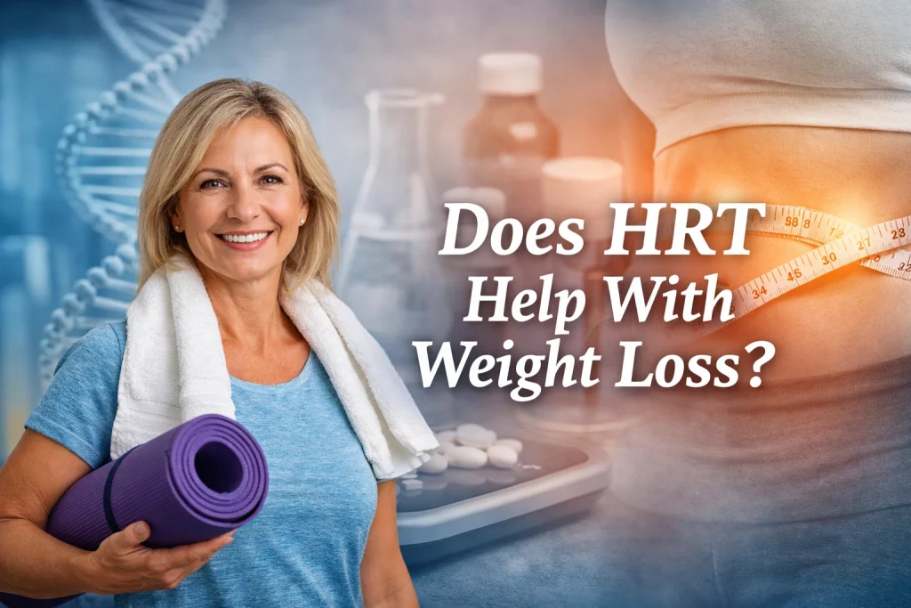 Hormone replacement therapy and weight management concept showing a healthy middle-aged woman with overlay text reading “Does HRT Help With Weight Loss?”