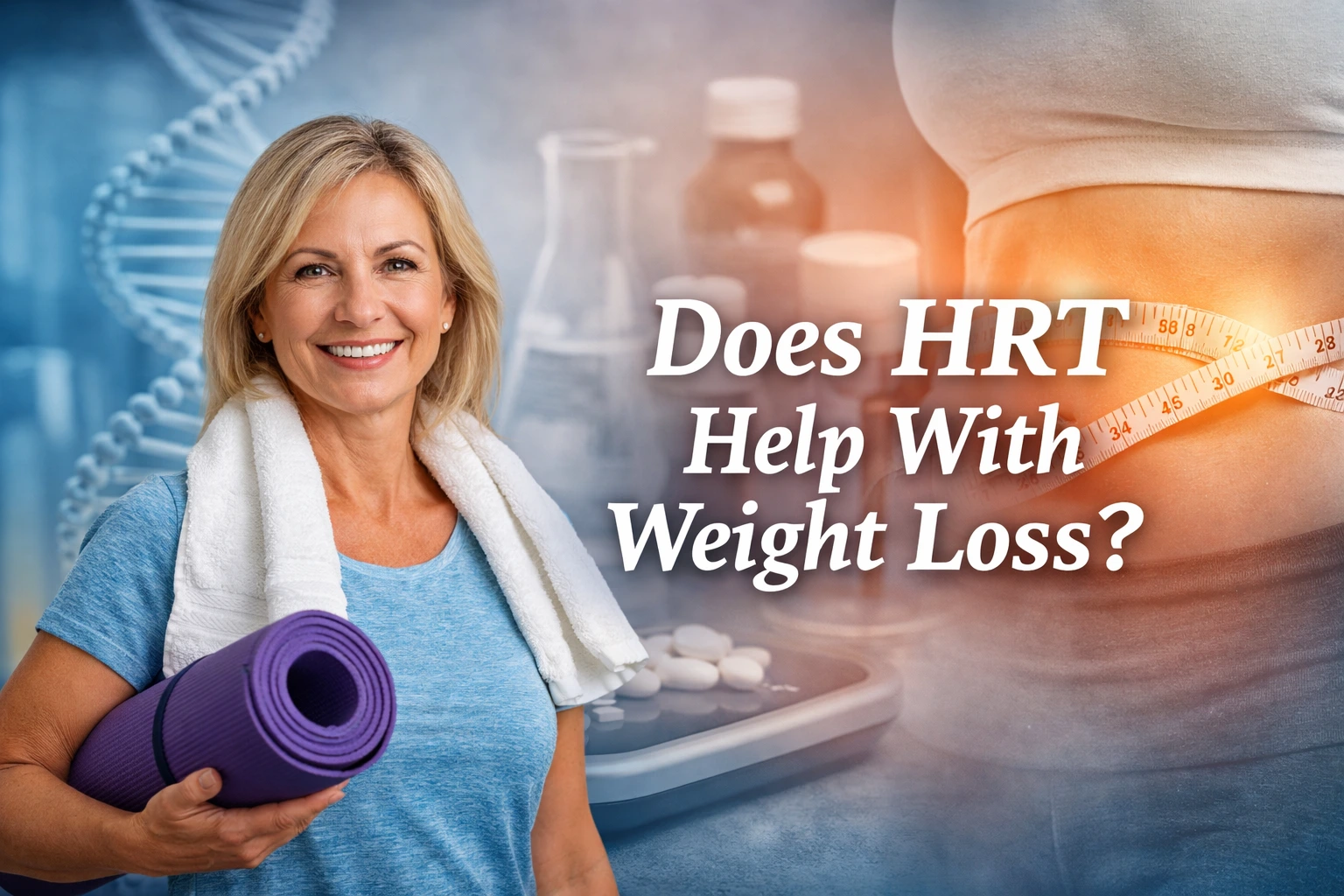 Hormone replacement therapy and weight management concept showing a healthy middle-aged woman with overlay text reading “Does HRT Help With Weight Loss?”
