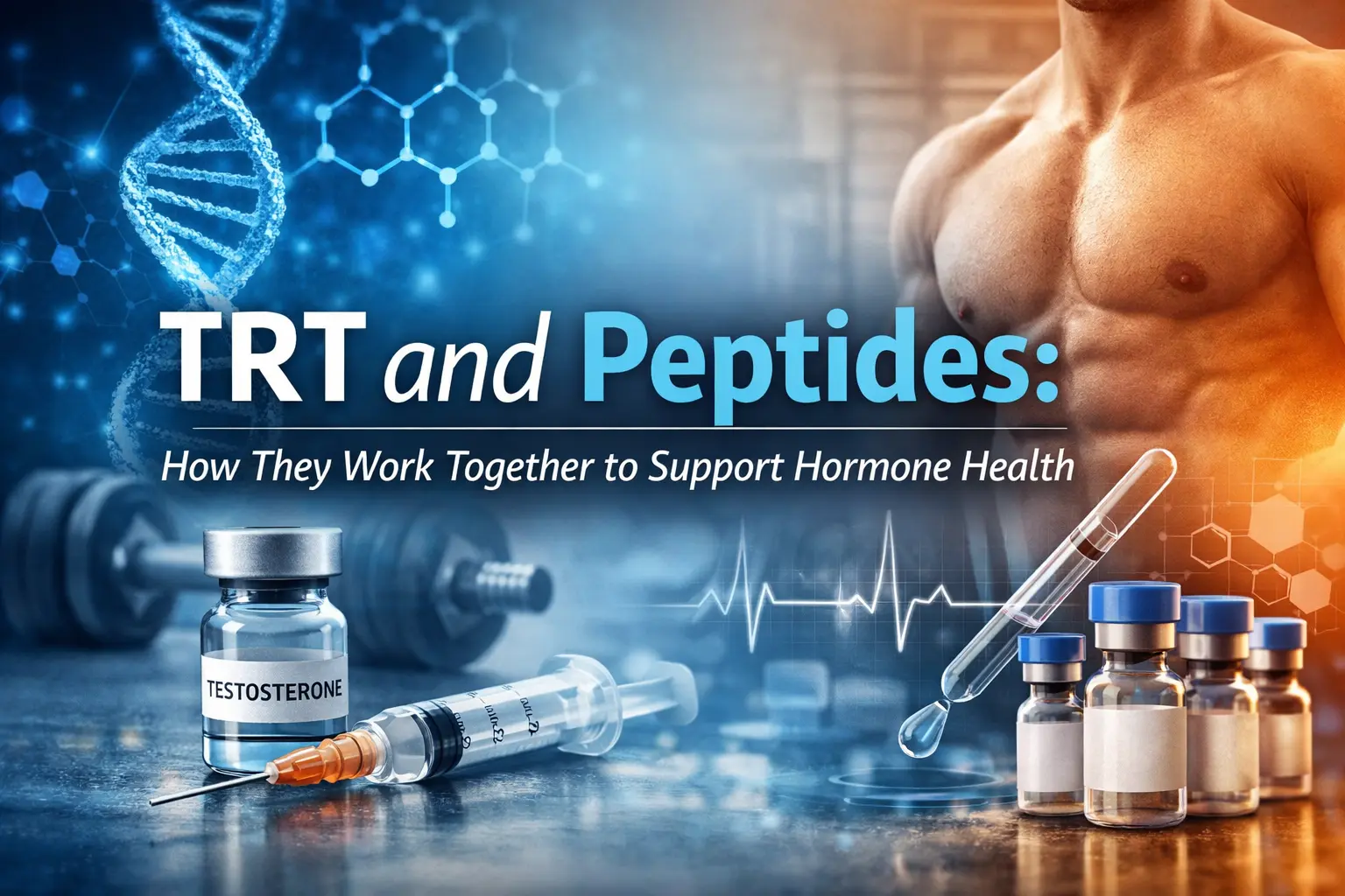 Horizontal featured image showing a medical-style illustration of hormone health, with abstract cellular graphics and a male silhouette, overlaid with the text “TRT and Peptides: How They Work Together to Support Hormone Health.”