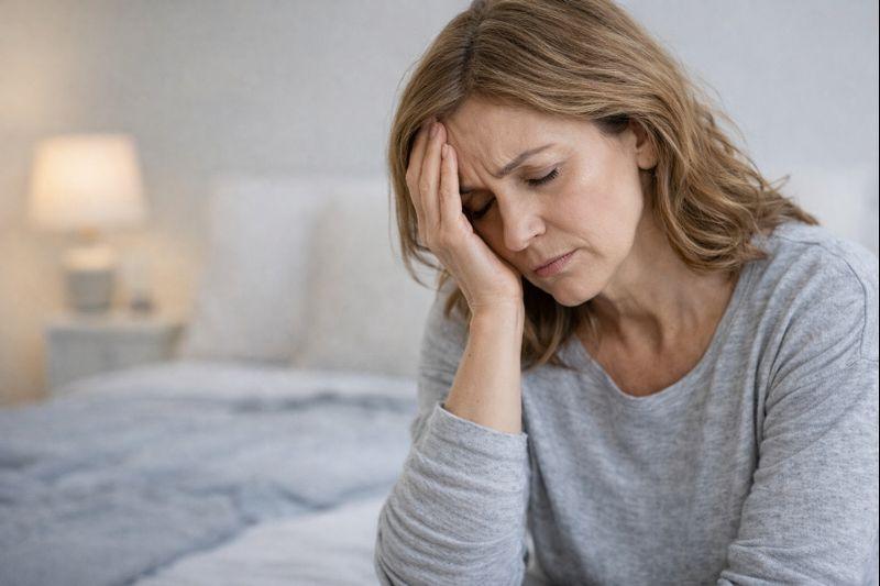 Middle-aged woman sitting on her bed with head resting in her hand, illustrating fatigue and other common symptoms of hormonal imbalance in Rochester, Minnesota