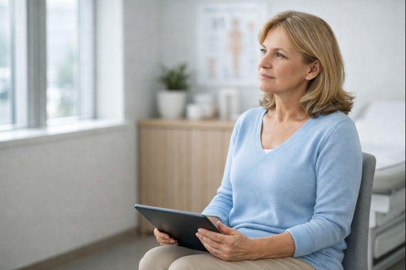 Middle-aged woman reviewing menopause treatment information at a Bloomington Minnesota medical clinic