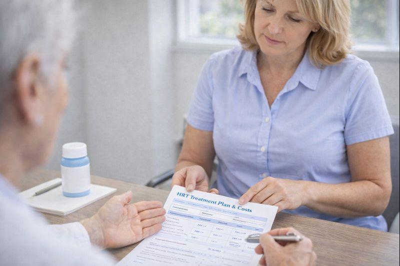 Middle-aged woman reviewing a hormone therapy care plan with a healthcare provider at a Rochester, Minnesota clinic