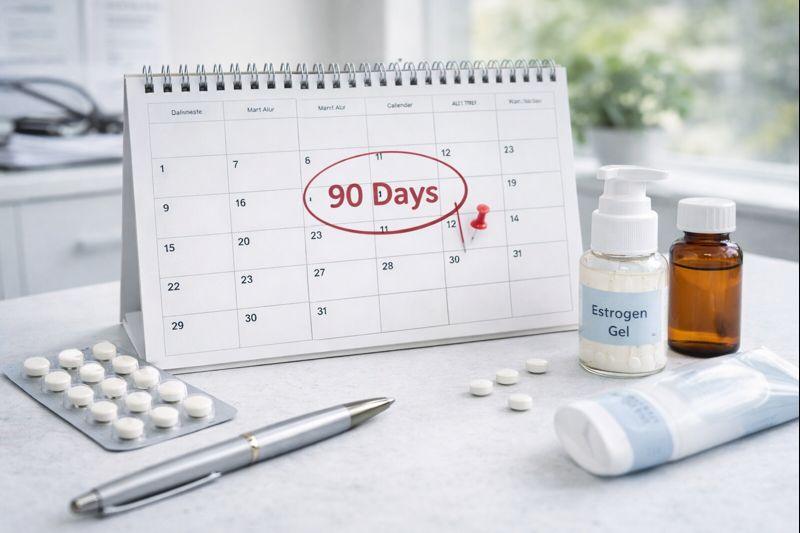 Hormone therapy medications and a desk calendar marked at 90 days, illustrating the early treatment timeline for women starting HRT in Edina, Minnesota