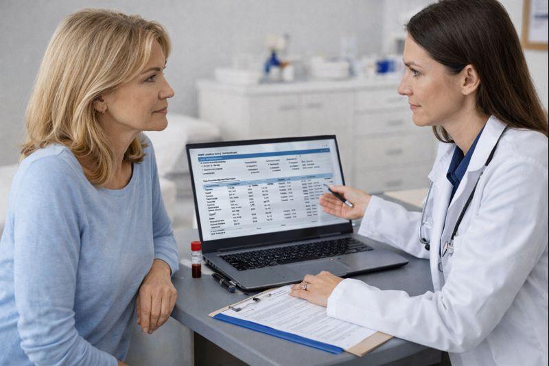Female physician reviewing hormone therapy lab results with a middle-aged woman during a follow-up appointment in a Bloomington, Minnesota medical clinic
