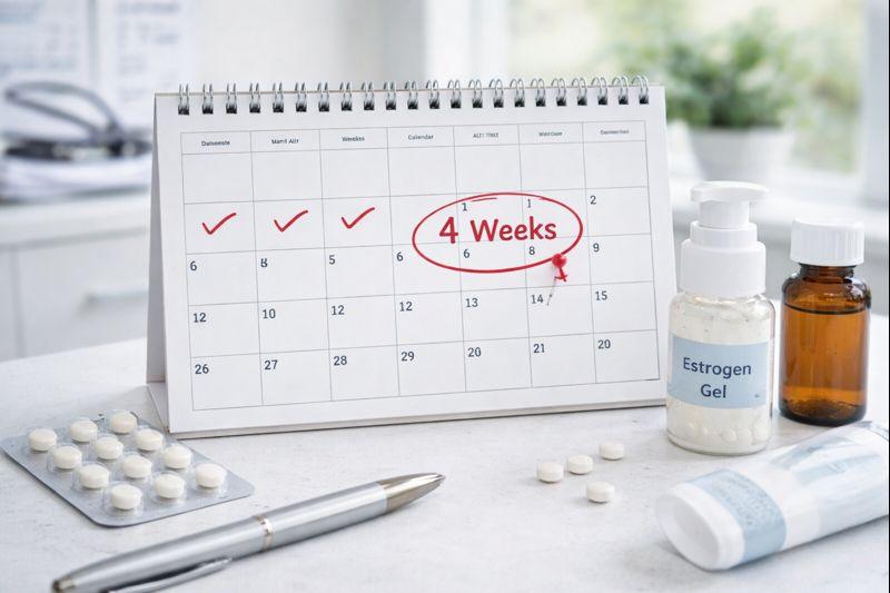 Calendar and hormone therapy materials on a medical desk illustrating the expected timeline for hormone replacement therapy in Maple Grove, Minnesota