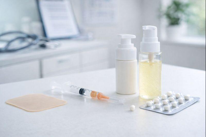 Hormone therapy delivery methods including a transdermal patch, topical dispensers, injection syringe, and hormone pellets arranged on a medical countertop in St. Paul