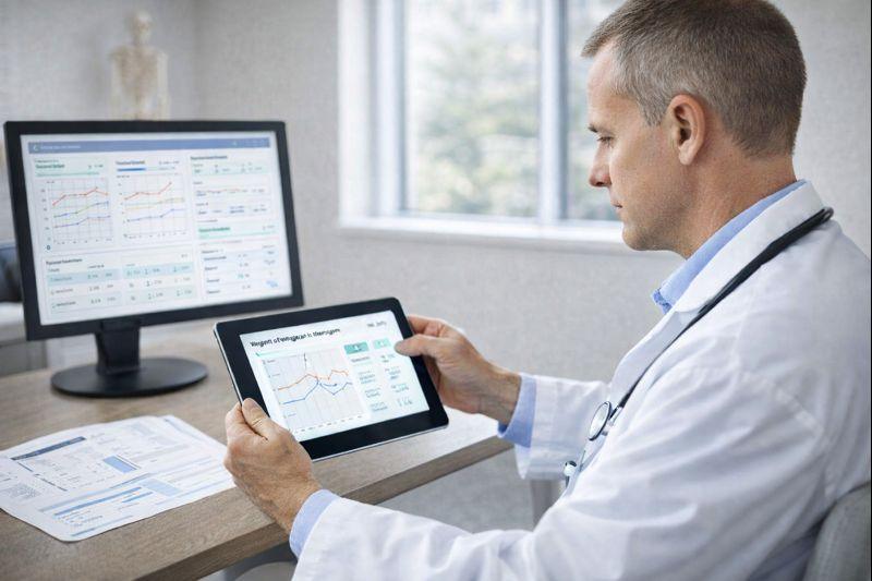 Physician reviewing metabolic and hormone health data related to menopause care in Minneapolis