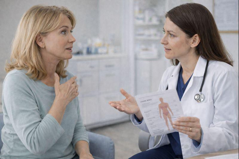 Middle-aged woman discussing low-dose testosterone therapy with a female physician during a consultation in the North Metro area of Minnesota