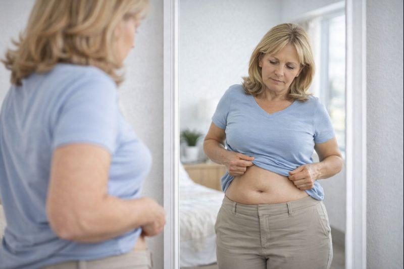 Middle-aged woman noticing abdominal weight changes during menopause in a Maple Grove home