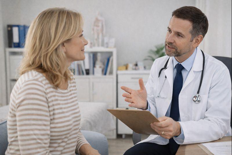 Physician discussing hormone replacement therapy with a middle-aged woman during a consultation at a medical clinic in Chanhassen, Minnesota