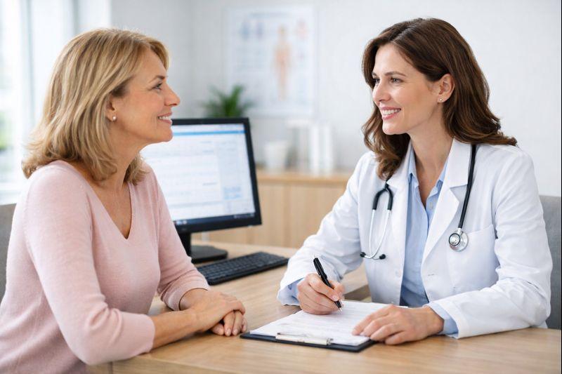 Female physician discussing hormone replacement therapy risks and benefits with a patient in Rochester, Minnesota