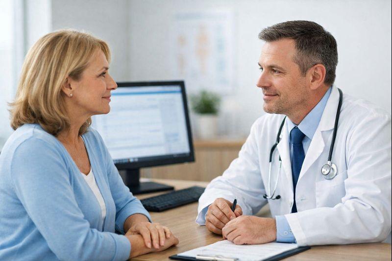 Physician discussing hormone replacement therapy safety with a female patient in Edina Minneapolis clinic