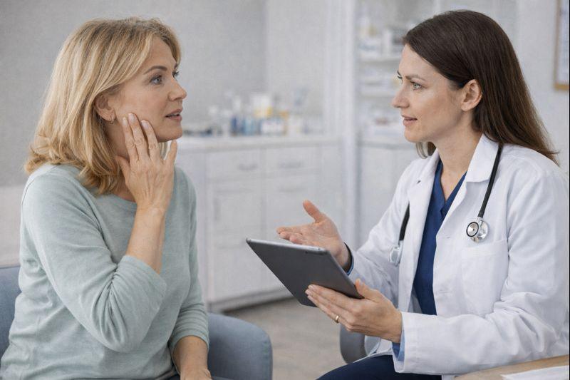 Female physician discussing low-dose testosterone therapy with a middle-aged woman during a clinic consultation in Minneapolis and Edina, Minnesota