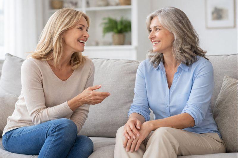 Two middle-aged women having a supportive conversation at home, reflecting discussion of perimenopause and menopause for women in the North Metro area of Minnesota