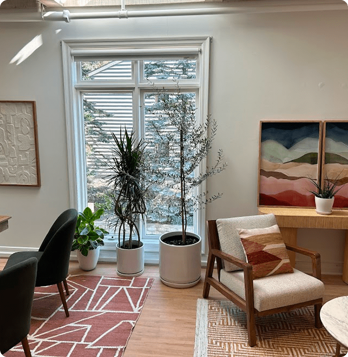 Bright and welcoming Lite Medical clinic interior featuring comfortable seating, natural light, indoor plants, and modern decor in Edina.