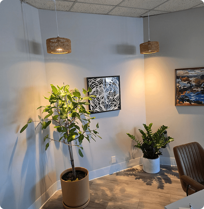 Calm and welcoming interior at Lite Medical in Plymouth, Minnesota, featuring comfortable seating, indoor plants, and soft lighting.