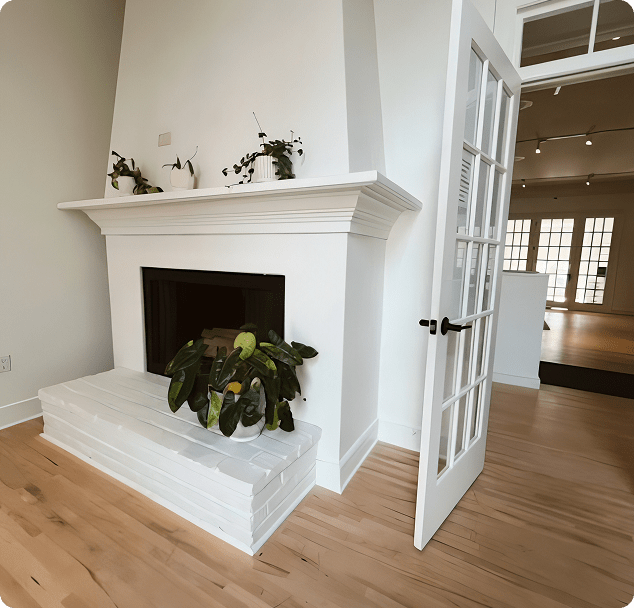 Bright, modern interior of Lite Medical Clinic featuring a welcoming fireplace, natural wood floors, and private consultation room entrance.