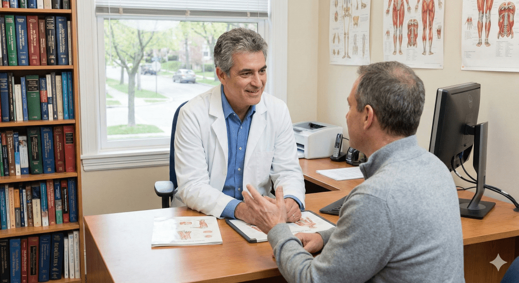 Clinician discussing testosterone evaluation and lab testing with a male patient in Bloomington, Minnesota