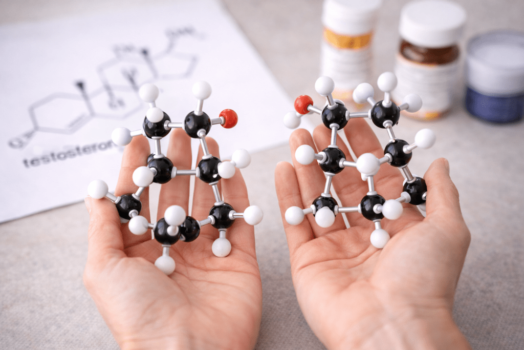 Close-up of hands holding two identical molecular models representing bioidentical testosterone, illustrating hormone structure used in women’s therapy in the North Metro