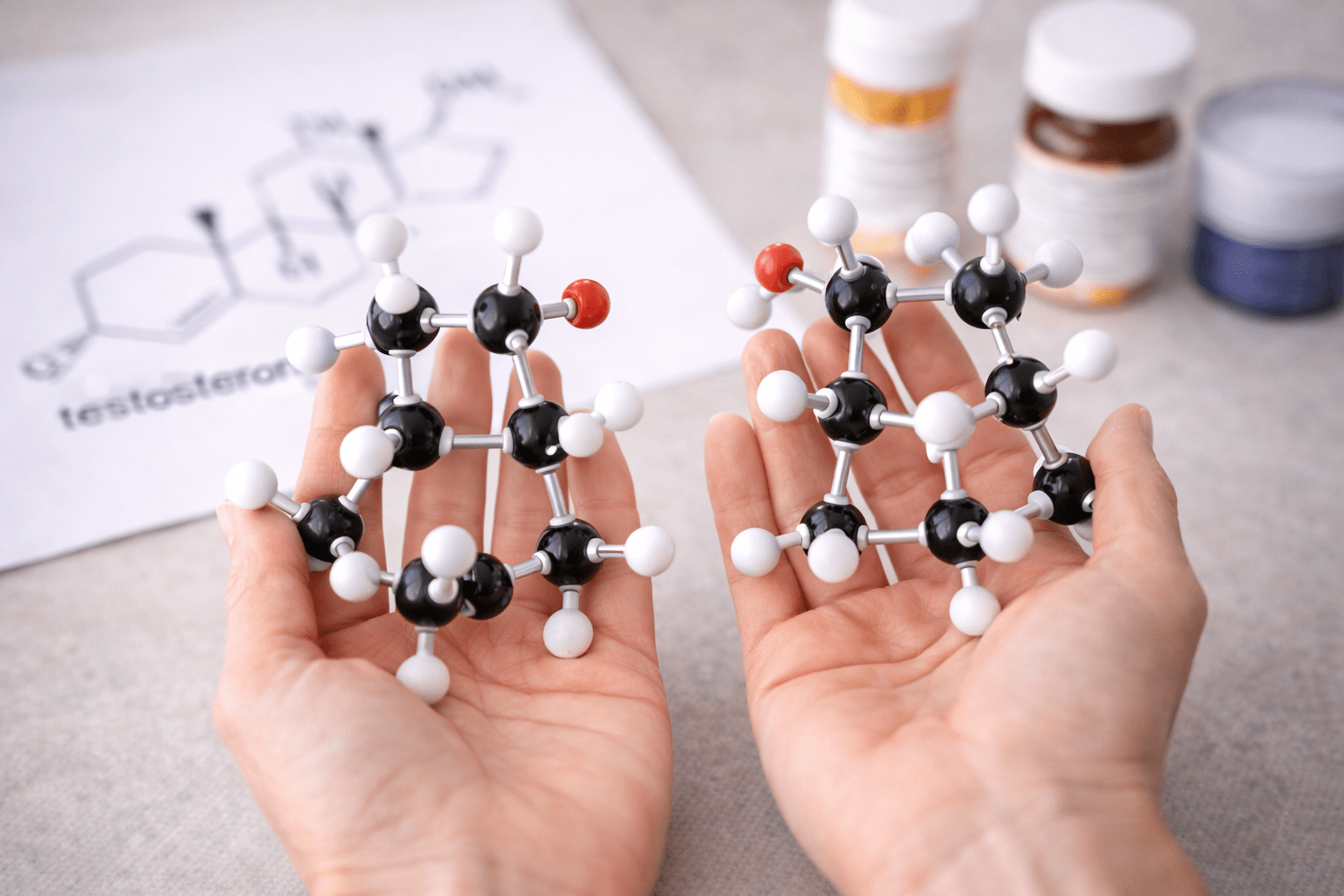 Close-up of hands holding two identical molecular models representing bioidentical testosterone, illustrating hormone structure used in women’s therapy in the North Metro