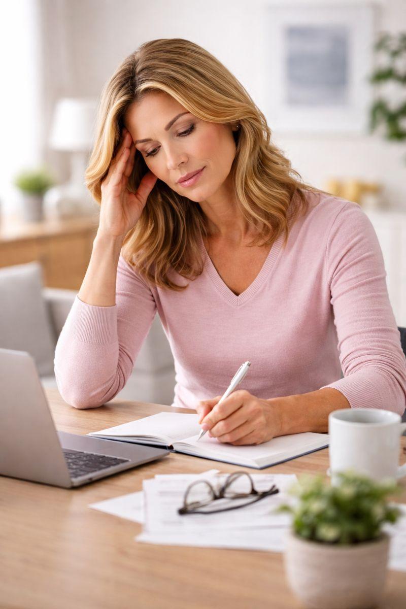 Middle-aged woman working at a table with notes and a laptop, representing brain fog and concentration difficulties experienced by women in Woodbury, Minnesota