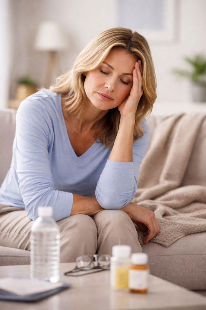 Middle-aged woman resting on a sofa with eyes closed, representing chronic fatigue symptoms experienced by women in Rochester, Minnesota