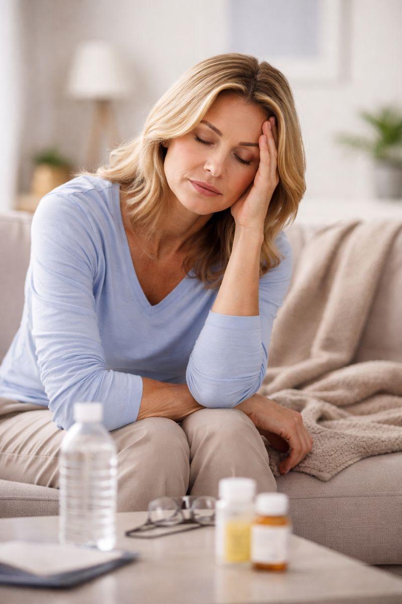 Middle-aged woman resting on a sofa with eyes closed, representing chronic fatigue symptoms experienced by women in Rochester, Minnesota