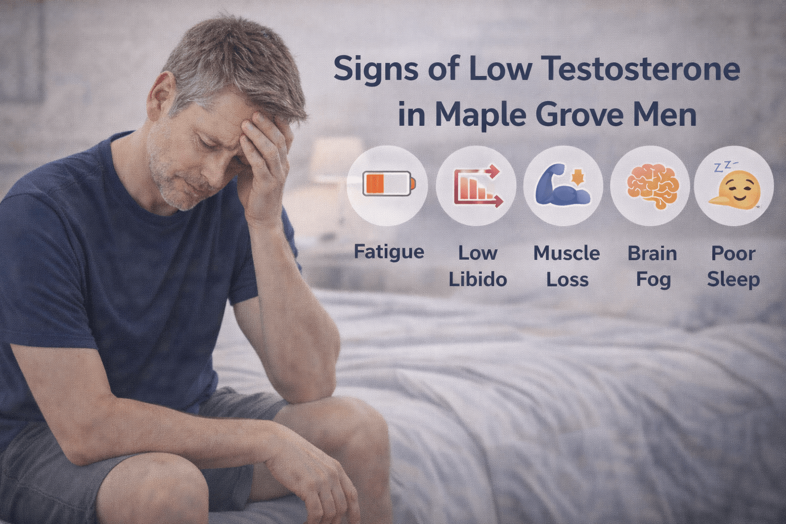 Middle-aged man sitting on the edge of a bed with his head resting in his hand, appearing fatigued, representing symptoms commonly associated with low testosterone in men in Maple Grove, Minnesota
