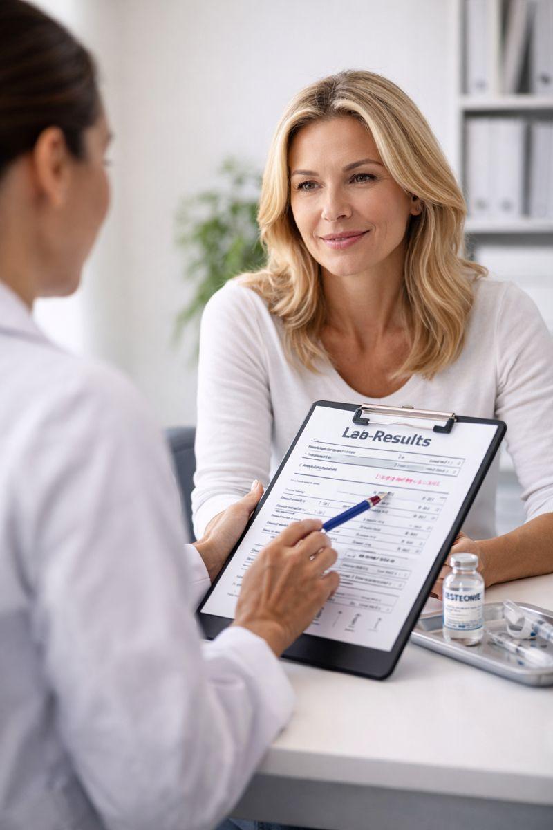 Female physician reviewing testosterone lab results with a middle-aged woman during a hormone therapy safety consultation in Rochester, Minnesota