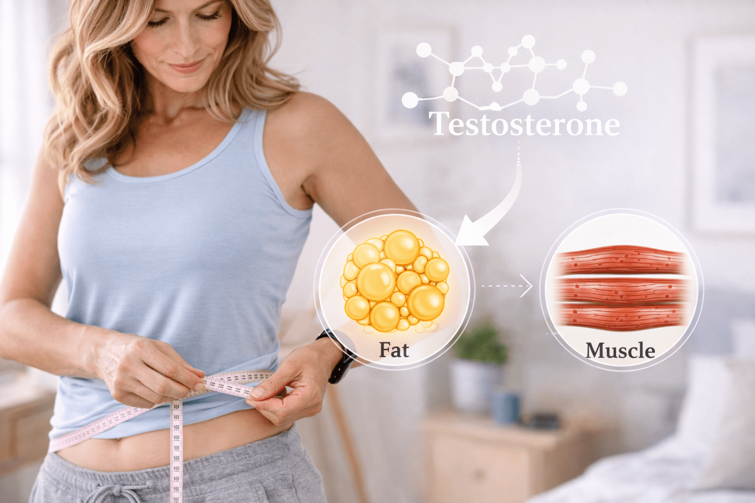 Middle-aged woman measuring her waist with a tape measure, with medical illustrations representing fat and muscle, illustrating metabolic changes experienced by women in Bloomington, Minnesota