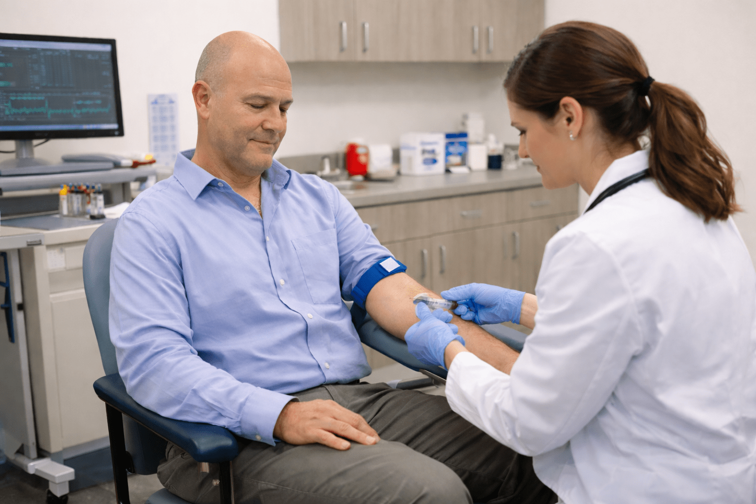 Middle-aged man seated in a medical office receiving a blood draw from a healthcare professional, representing laboratory evaluation related to testosterone therapy in Minneapolis, Minnesota