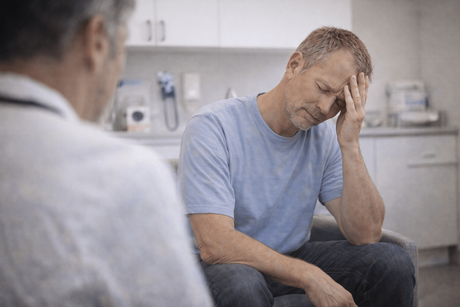Middle-aged man sitting in a medical office with his hand resting against his forehead while speaking with a physician, representing evaluation of fatigue symptoms in Blaine, Minnesota