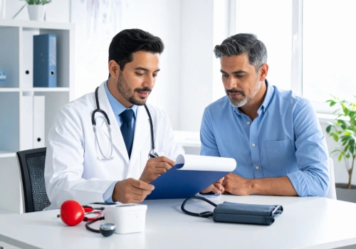 Physician reviewing metabolic laboratory results and discussing GLP-1 therapy safety with adult patient in Rochester clinic