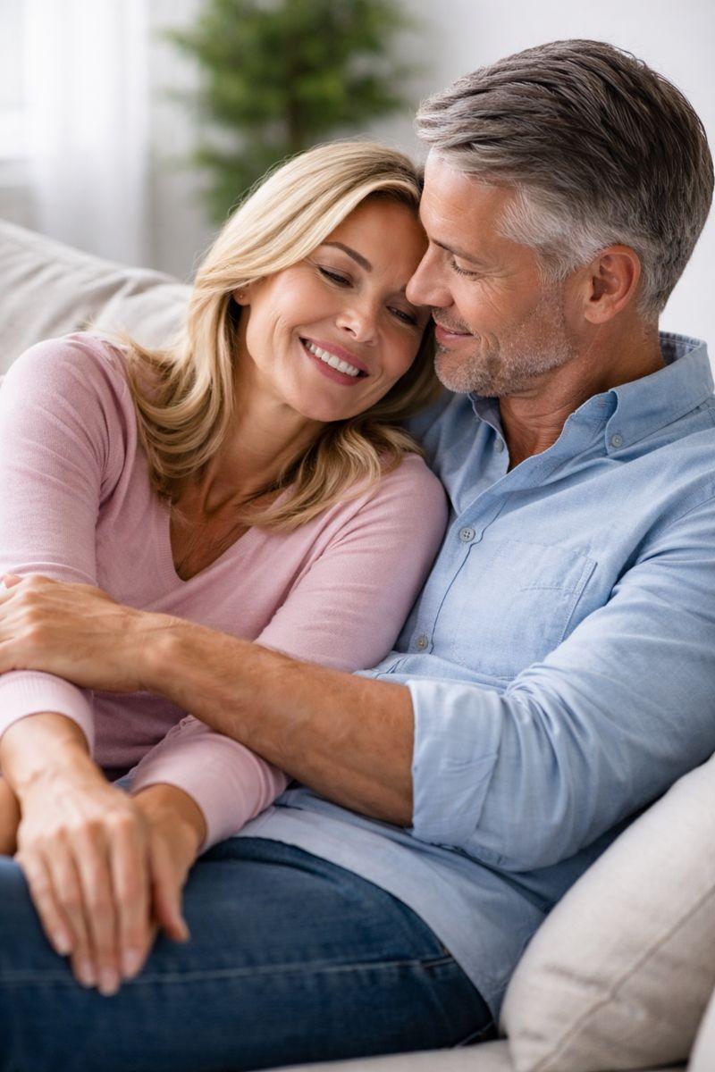 Middle-aged couple sitting closely on a sofa, representing restored intimacy and connection for women in Minneapolis exploring hormone therapy options