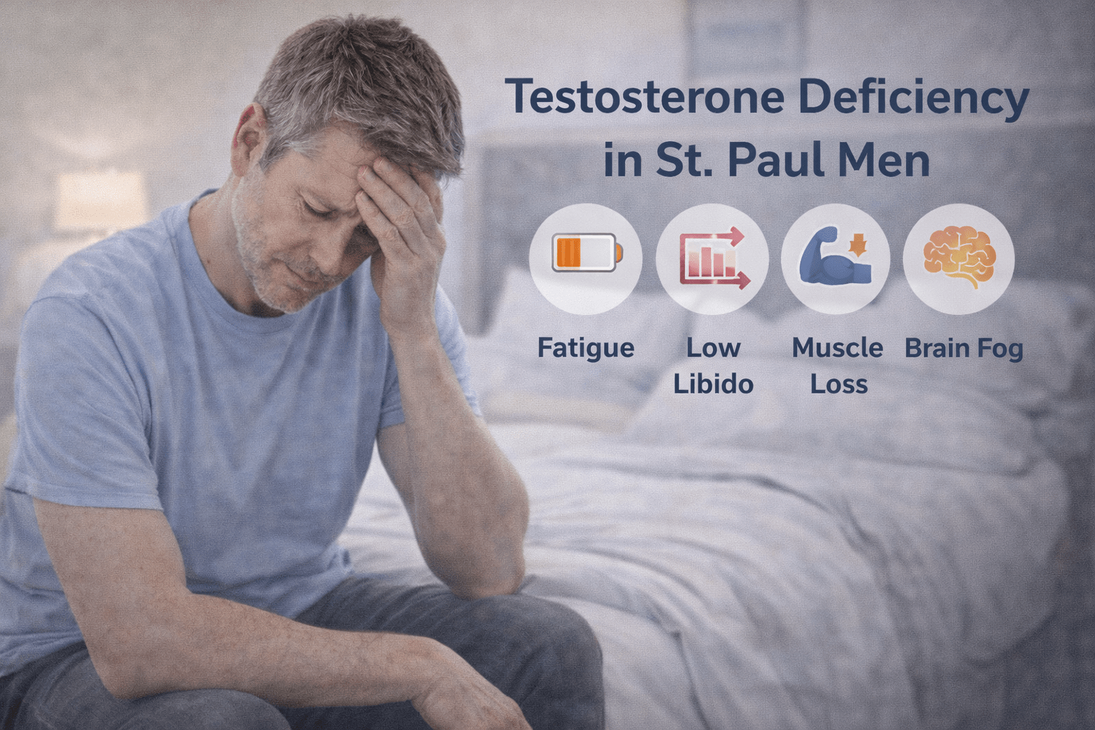 Middle-aged man sitting on the edge of a bed with his head resting in his hand, appearing fatigued, representing common symptoms experienced by men with low testosterone in St. Paul, Minnesota