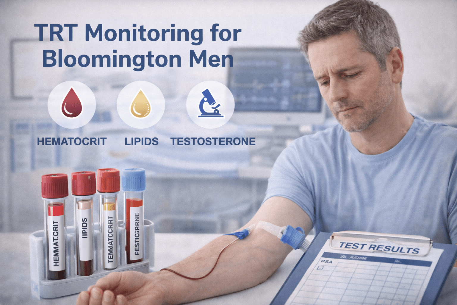 Middle-aged man having blood drawn in a medical office, with labeled test tubes and lab icons representing hematocrit, lipids, and testosterone monitoring for men in Bloomington, Minnesota