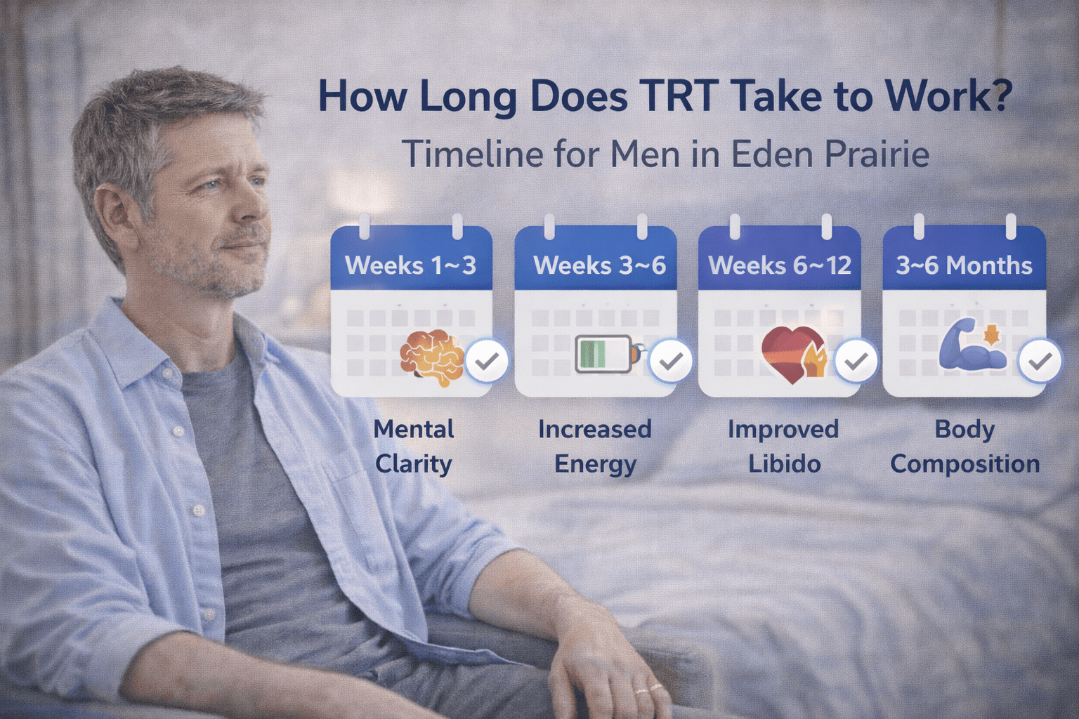 Middle-aged man seated in a living room looking toward a visual timeline graphic showing stages of testosterone therapy progress, representing expected changes in energy, libido, and body composition for men in Eden Prairie, Minnesota