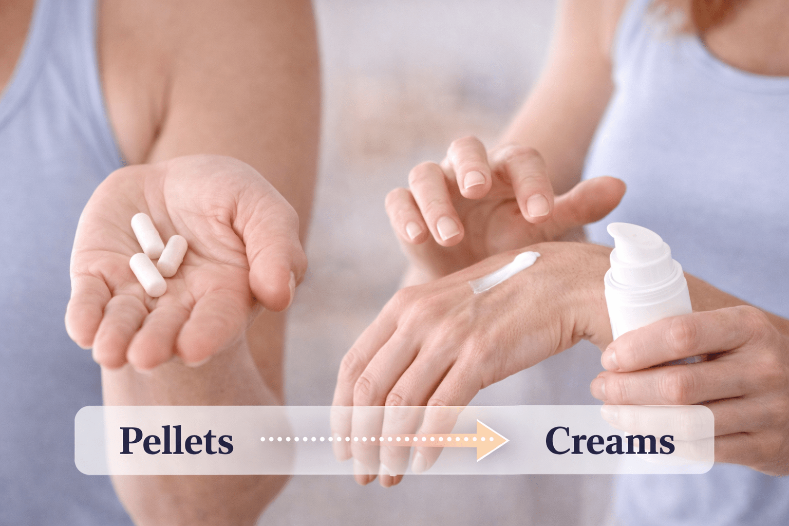 Side-by-side comparison showing testosterone pellets in one hand and topical testosterone cream being applied in the other, illustrating different testosterone delivery options for women in Maple Grove, Minnesota