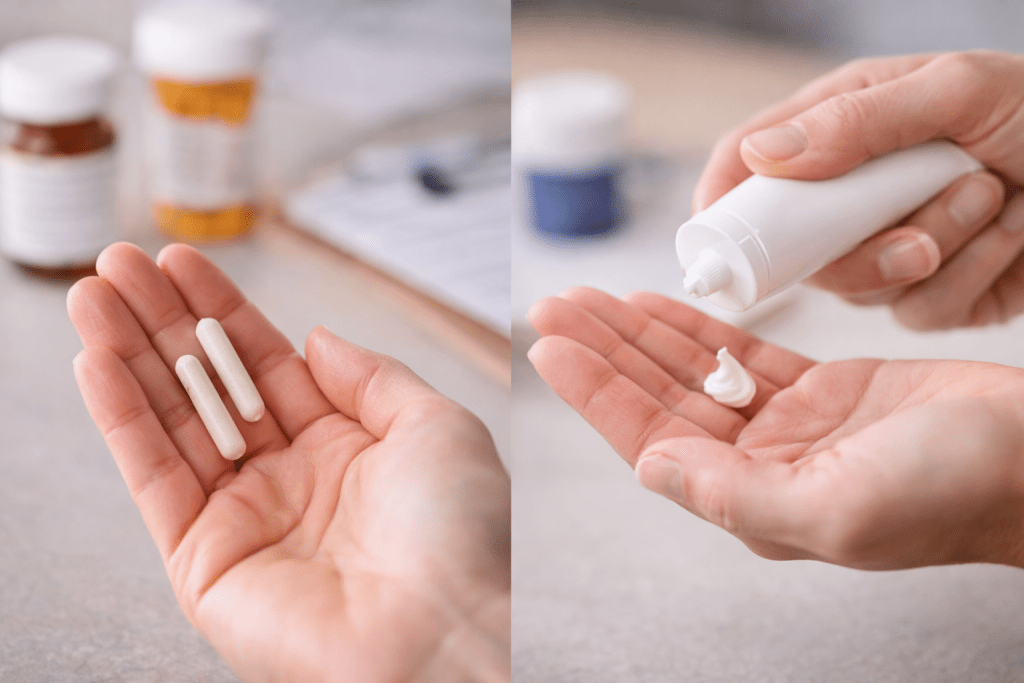 Side-by-side comparison showing testosterone pellets in one hand and topical testosterone cream in another, representing different hormone delivery options for women in Plymouth, Minnesota