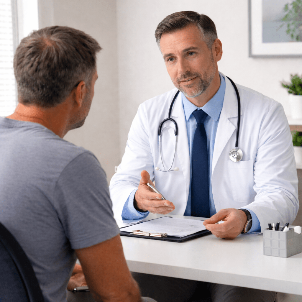 Male physician reviewing laboratory results and discussing testosterone therapy options with middle-aged male patient in Plymouth medical clinic