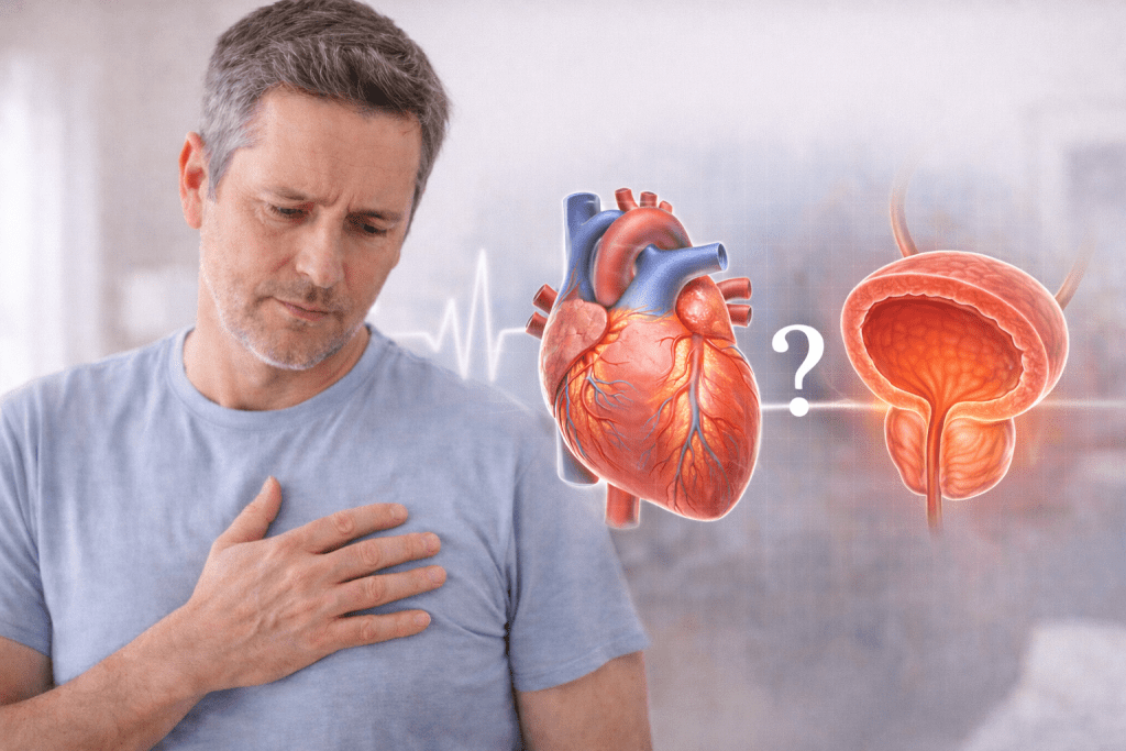 Middle-aged man resting his hand on his chest with medical illustrations of the heart and prostate beside him, representing cardiovascular and prostate health considerations for men in Rochester, Minnesota