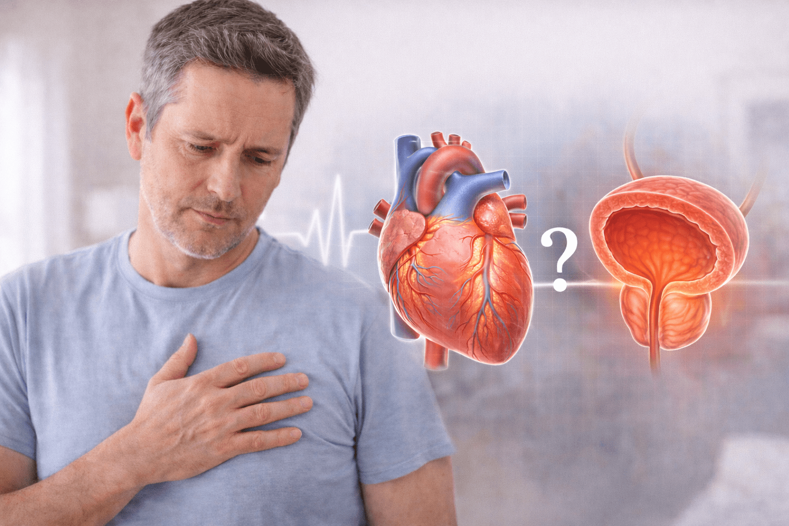 Middle-aged man resting his hand on his chest with medical illustrations of the heart and prostate beside him, representing cardiovascular and prostate health considerations for men in Rochester, Minnesota