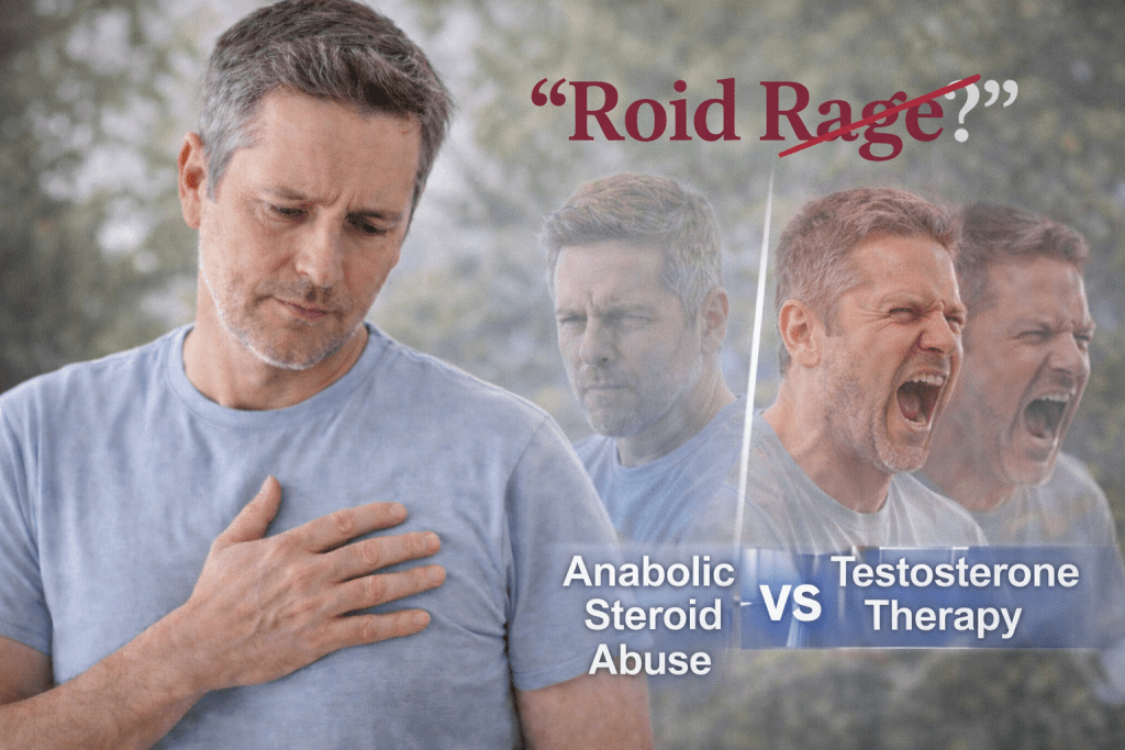 Middle-aged man standing outdoors with a thoughtful expression, with a faded comparison illustrating anabolic steroid abuse versus medically supervised testosterone therapy, representing common mood-related myths among men in the North Metro