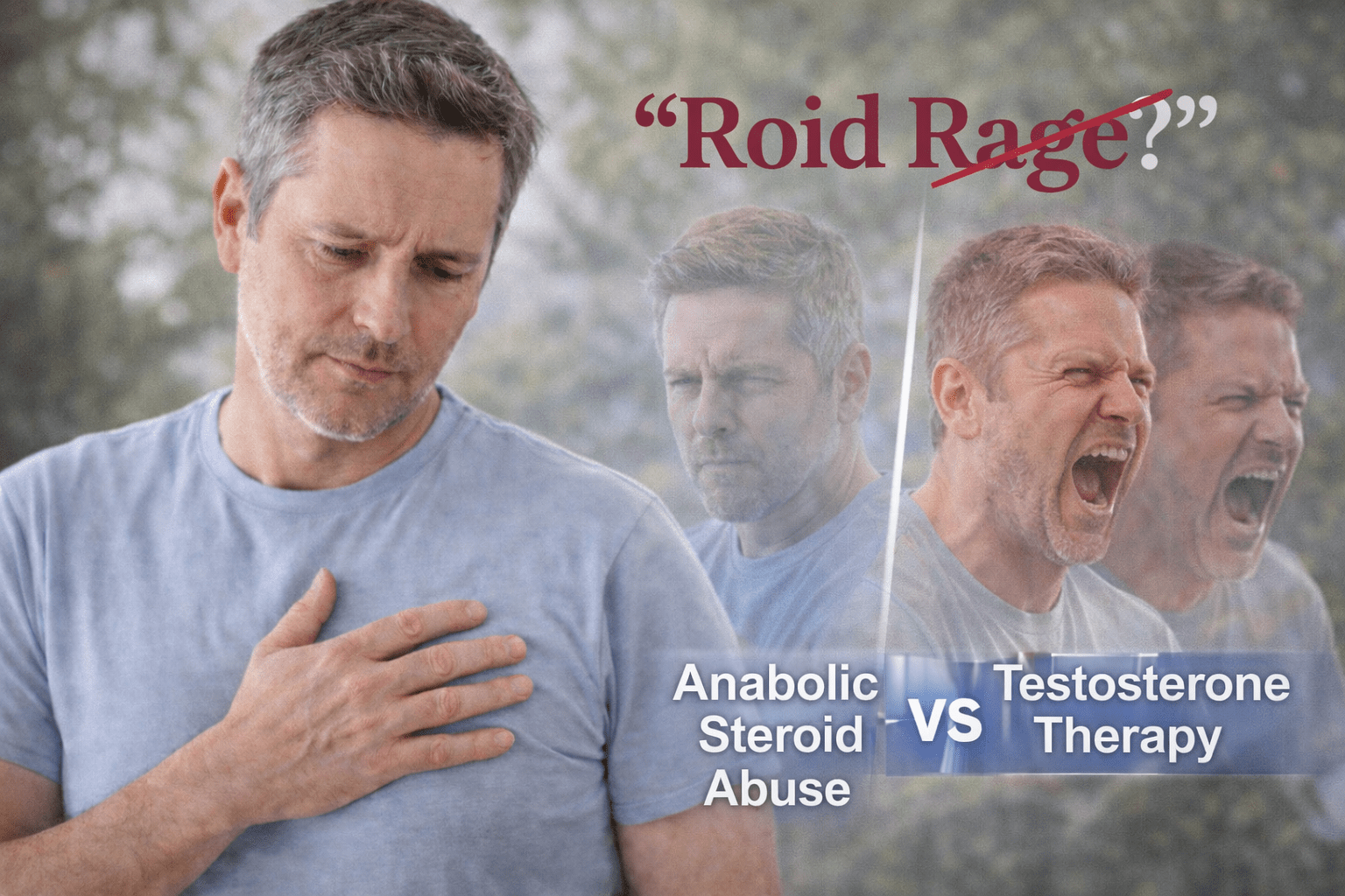 Middle-aged man standing outdoors with a thoughtful expression, with a faded comparison illustrating anabolic steroid abuse versus medically supervised testosterone therapy, representing common mood-related myths among men in the North Metro