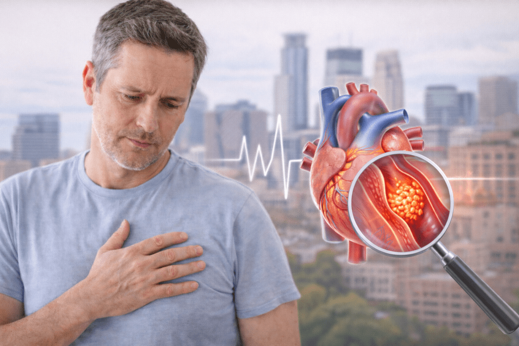 Middle-aged man holding his chest with a medical illustration of the heart and ECG line beside him, representing cardiovascular health considerations for men in Minneapolis, Minnesota