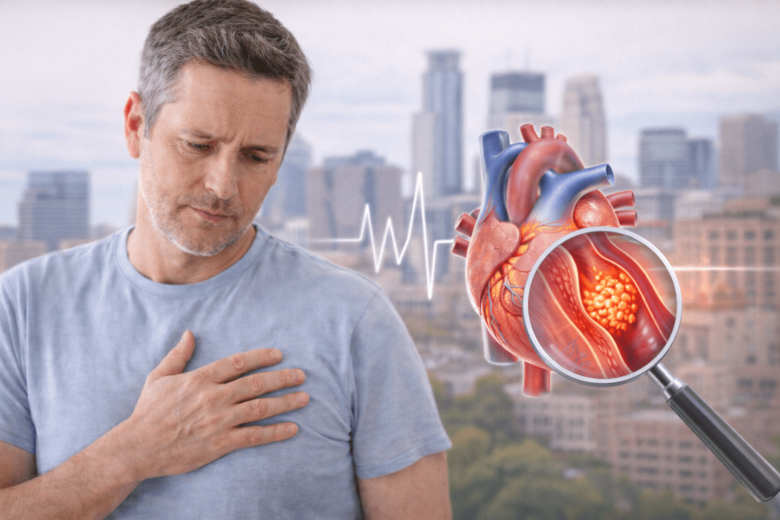 Middle-aged man holding his chest with a medical illustration of the heart and ECG line beside him, representing cardiovascular health considerations for men in Minneapolis, Minnesota