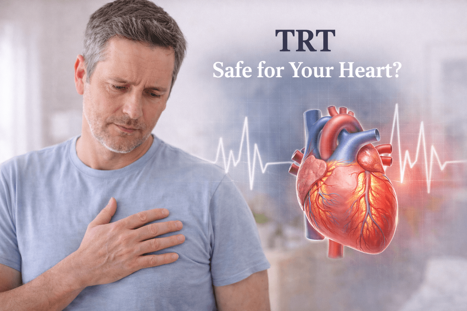 Middle-aged man resting his hand on his chest with a medical illustration of the heart and ECG line beside him, representing cardiovascular considerations for men in Richfield, Minnesota
