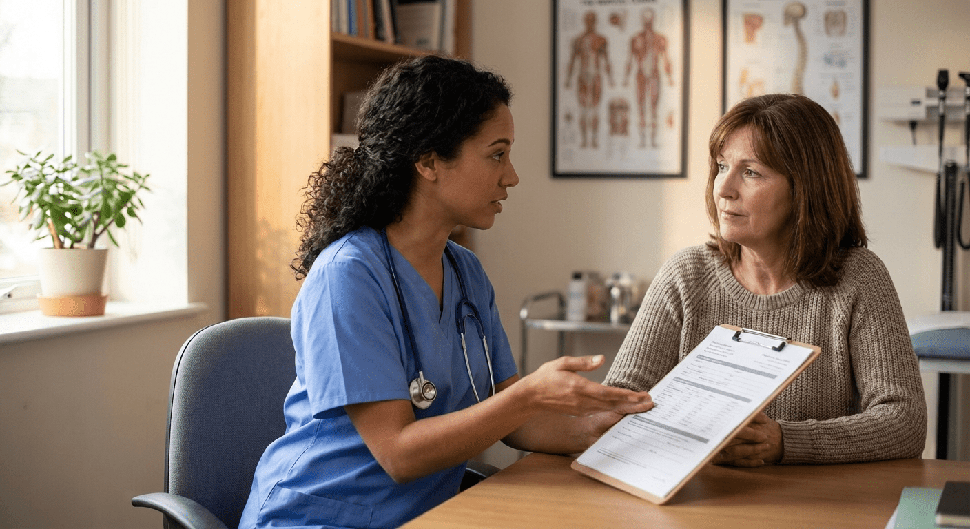 A physician consults with a perimenopausal patient about hormone replacement therapy at Lite Medical's Eden Prairie clinic, providing physician-led care for women still having periods.