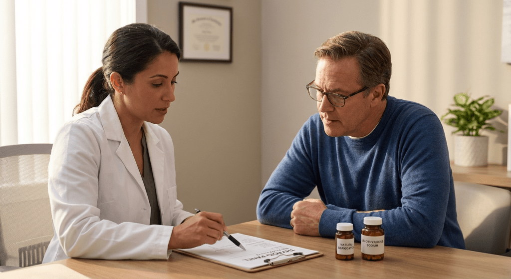 A physician discusses desiccated thyroid and synthetic therapy options with a patient at Lite Medical's Blaine clinic, focusing on personalized hormone replacement care.