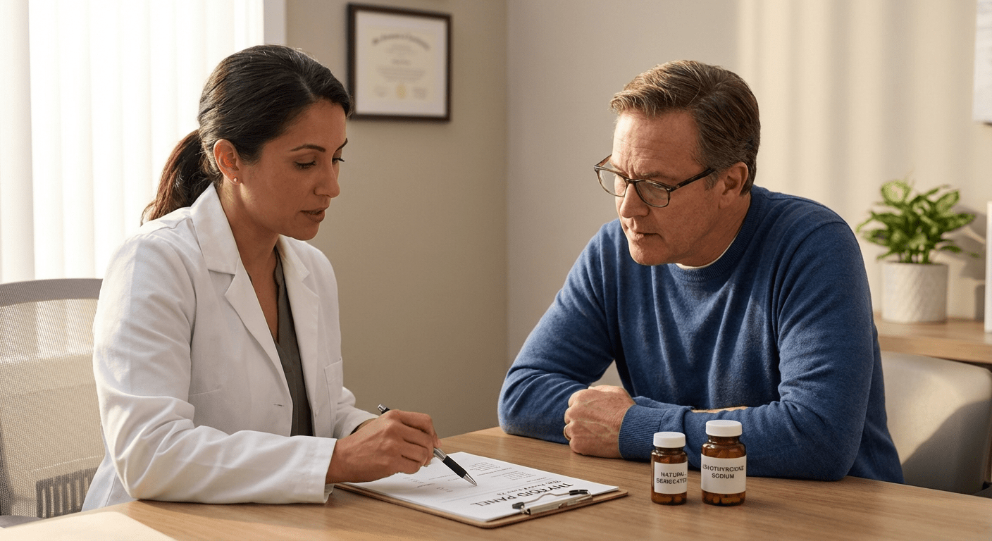 A physician discusses desiccated thyroid and synthetic therapy options with a patient at Lite Medical's Blaine clinic, focusing on personalized hormone replacement care.